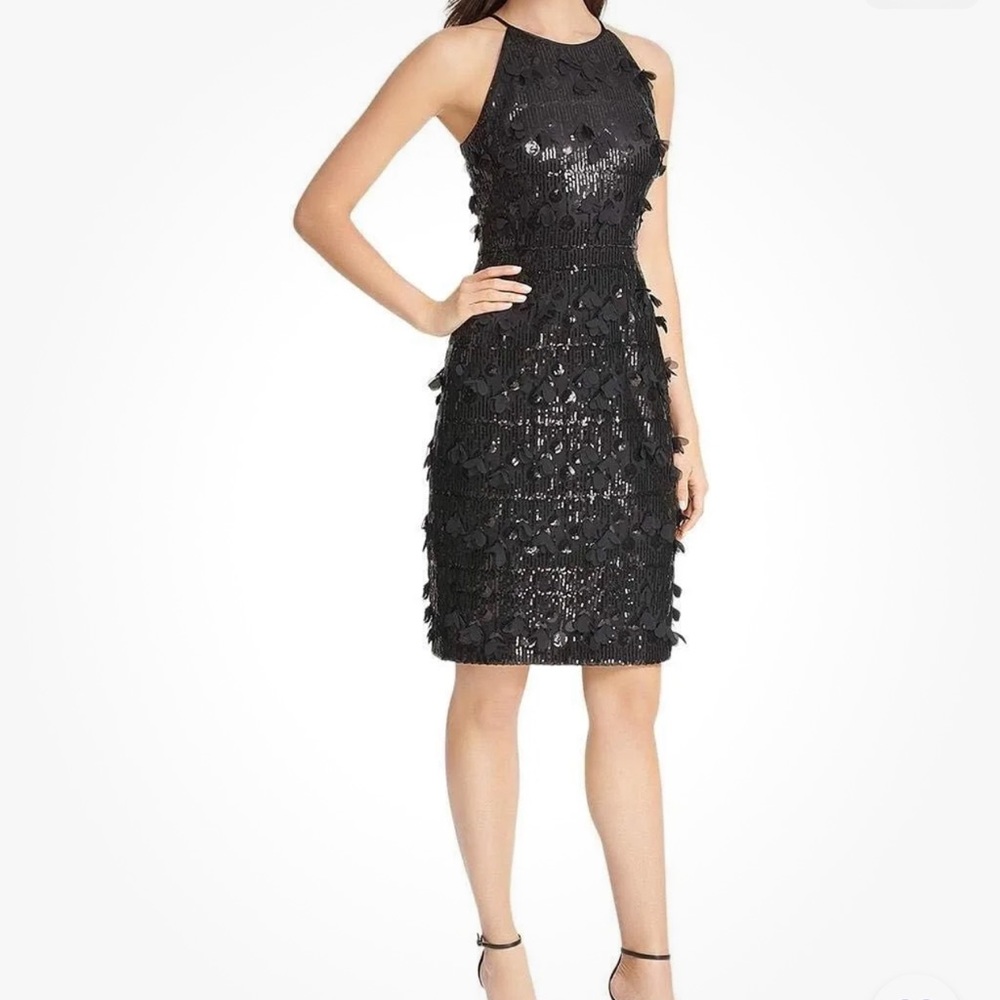 New Eliza J Black Sequin Halter Floating Flower Cocktail Holiday Dress - Picture 3 of 17